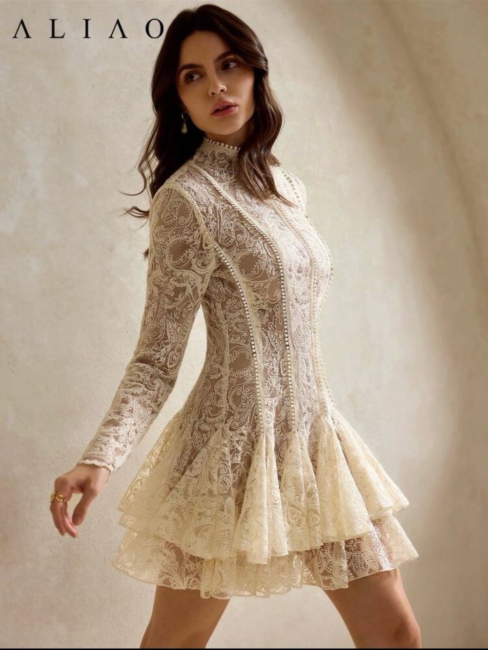 Alia Lace Long-Sleeve Tiered Cream Dress